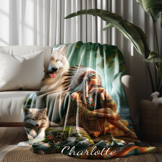 自然中の先住民インディアンと狼の調和 フリースブランケット