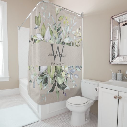 自然中性グリーンリー結婚モノグラムの形見 シャワーカーテン (インサイチュ)