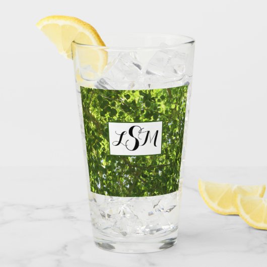 自然光明るい緑の葉ツリーモノグラム タンブラーグラス (アイス正面)