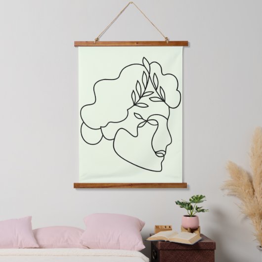 自然内 – 抽象芸術植物学顔ラインアート 吊り下げ型タペストリー (寝室)
