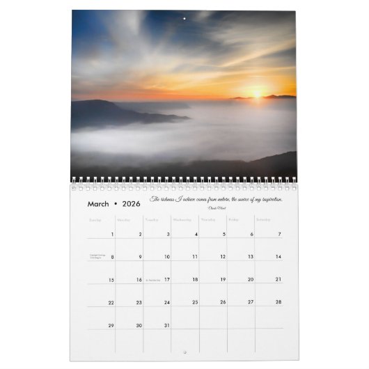 自然写真と感動的引用文12か月 カレンダー (3月 2026)