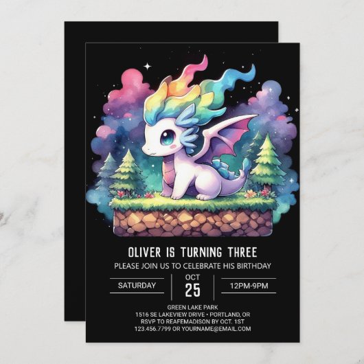 自然印刷可能ドラゴン誕生日 招待状 (正面/裏面)