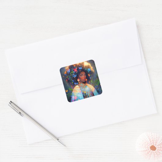自然女神アフリカ系アメリカ人ファンタジーアート スクエアシール (封筒)