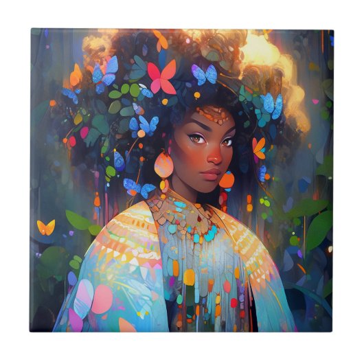 自然女神アフリカ系アメリカ人ファンタジーアート タイル (正面)