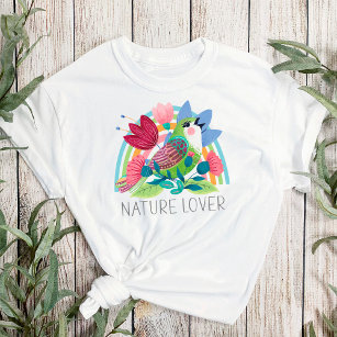 自然恋人の水色の鳥の花虹の色 Tシャツ