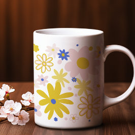 自然愛好家のための黄色と青の春の花 コーヒーマグカップ