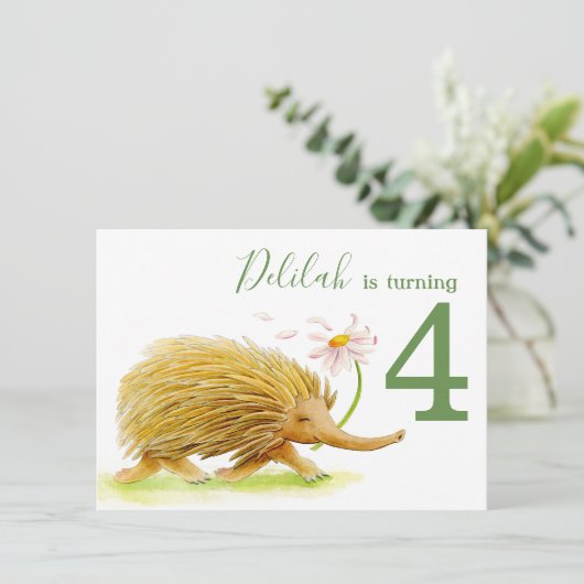 自然歩くピクニックechidna 4歳の誕生日招待状 招待状 (スタンド正面)