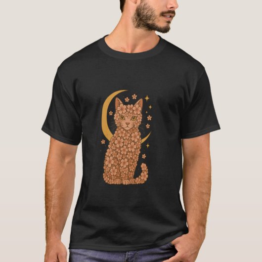 自然派のための桜の花と猫のフラワーアートギフト Tシャツ (正面)