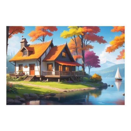 自然湖の他にコテージの風景–5656 フォトプリント            (正面)