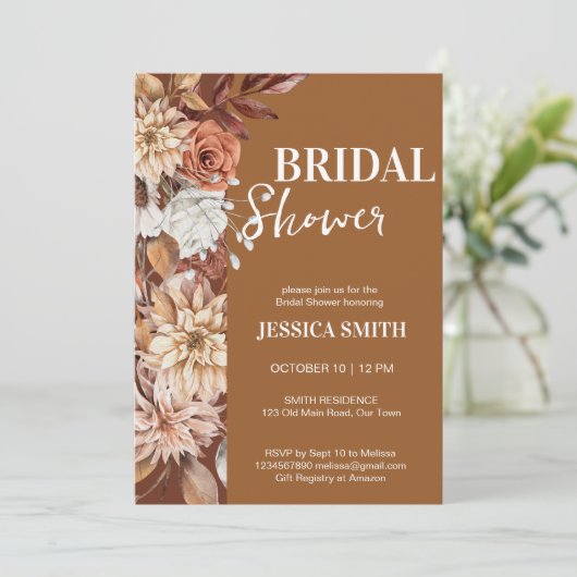 自然砂漠茶色のボホフラワー秋ブライダルシャワー 招待状 (スタンド正面)