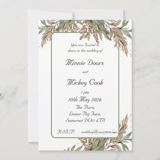 自然素朴スタイル – 緑と茶色の葉 招待状 (正面)