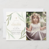 自然緑の葉写真最初の聖餐式 招待状 (正面)