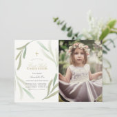 自然緑の葉写真最初の聖餐式 招待状 (スタンド正面)