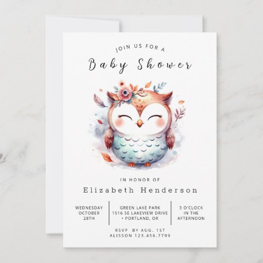 自然編集可能フクロウ赤ちゃんシャワー 招待状 (正面)