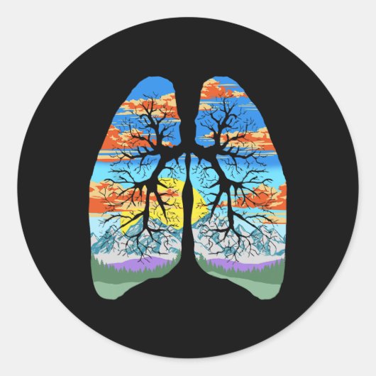 自然肺の屋外と地球の日木と山 ラウンドシール (正面)