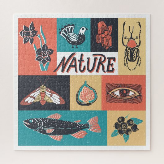 自然要素、レトロスタイルアイコン。 ジグソーパズル (縦)