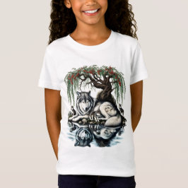 自然豊かなオアシスに佇む静かなオオカミの家族 Tシャツ