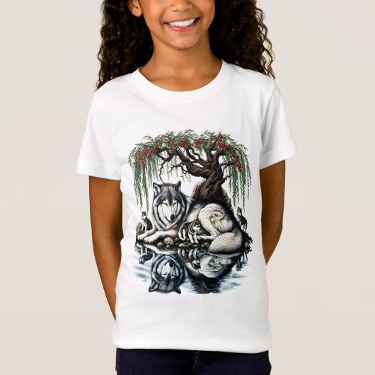 自然豊かなオアシスに佇む静かなオオカミの家族 Tシャツ (正面)