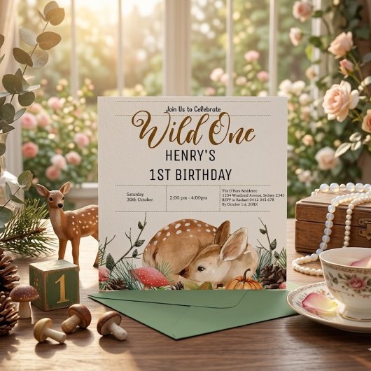 自然豊かな森の動物たち 森のワイルドワン 誕生日 招待状
