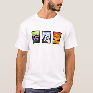 自然鮮やかアート：花、山、夕日 Tシャツ