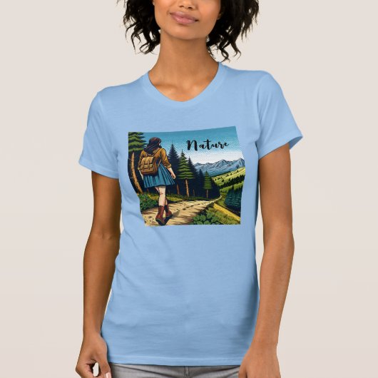 自然 | トレイルを下る女性ハイカー Tシャツ (正面)
