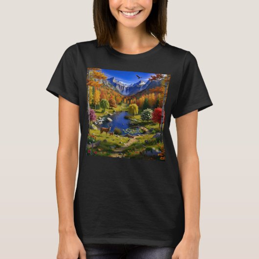 自然 荒野 風景 山 水の流れ Tシャツ (正面)
