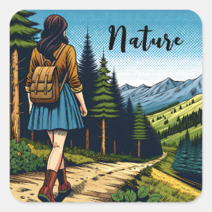 自然 Women Hiking down a Trail スクエアシール