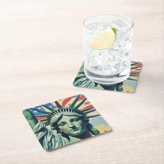 自由とアメリカ国旗のニューヨークの女神 スクエアペーパーコースター (インサイチュ)