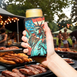 自由とアメリカ国旗の像 スリム缶クーラー