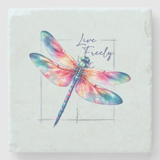 自由に生きる – 芸術的 Dragonfly ストーンコースター (正面)