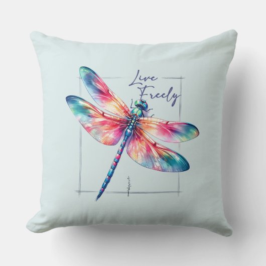 自由に生きる – Dragonfly カラフル 感動的 クッション (正面)