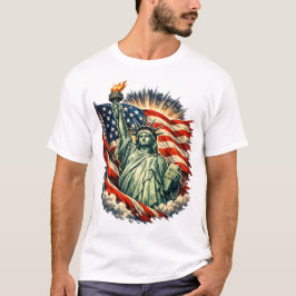 自由の女神とアメリカ国旗の愛国アート Tシャツ