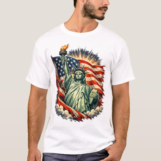 自由の女神とアメリカ国旗の愛国アート Tシャツ (正面)
