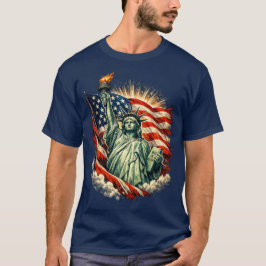 自由の女神とアメリカ国旗の愛国アート Tシャツ