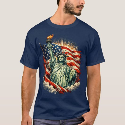 自由の女神とアメリカ国旗の愛国アート Tシャツ (正面)