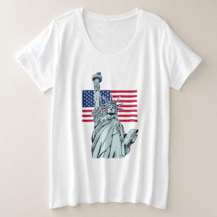 自由の女神とアメリカ国旗 プラスサイズTシャツ
