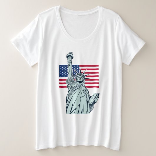 自由の女神とアメリカ国旗 プラスサイズTシャツ (デザイン正面)