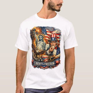 自由の女神とサムおじさんの自由Tシャツ Tシャツ