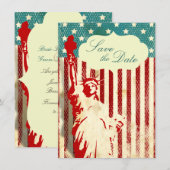 自由の女神と国旗のウェディング・セーブ・ザ・デート 招待状 (正面/裏面)