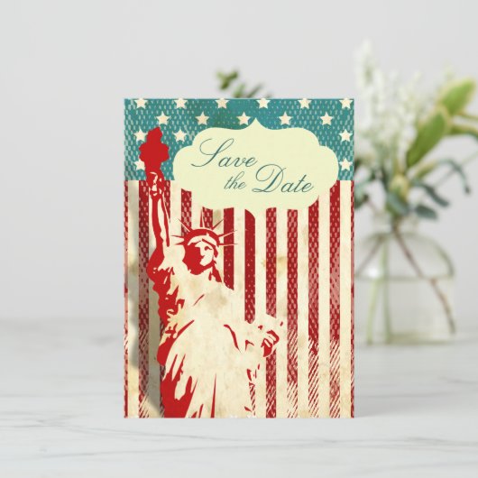 自由の女神と国旗の結婚式・Save the Date 招待状 (スタンド正面)
