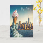 自由の女神と誕生日のアイスクリームコーン カード (黄色い花)