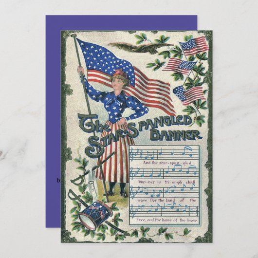 自由の女神アメリカ国旗の星付き旗 招待状 (正面/裏面)