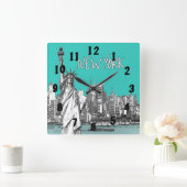 自由の女神ニューヨークアメリカティール(緑がかった色) スクエア壁時計 (ホーム)