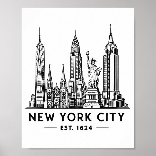 自由の女神像のニューヨーク市街地イラスト ポスター (正面)