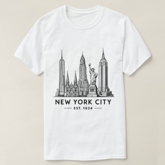 自由の女神像のニューヨーク市街地イラスト Tシャツ (デザイン正面)