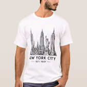 自由の女神像のニューヨーク市街地イラスト Tシャツ (正面)