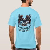 自由を解き放て。己のルールを創れ。世界は待っている Tシャツ (裏面)