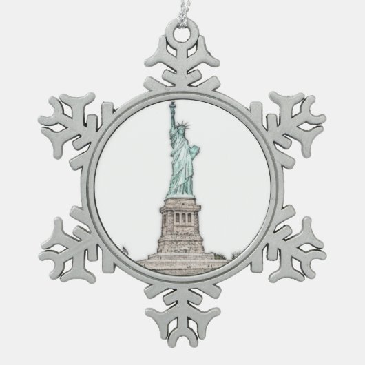 自由カスタムの女神ニューヨーク市クリスマス スノーフレークピューターオーナメント (正面)
