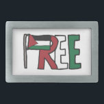 自由パレスチナ 長方形ベルトバックル<br><div class="desc">パレスチナ国旗と「REE」の文字は、抗議の「自由なパレスチナ」のイメージを構成している。意図的な声明や怒りの叫び – カラフルと効果的なスローガン画像。</div>