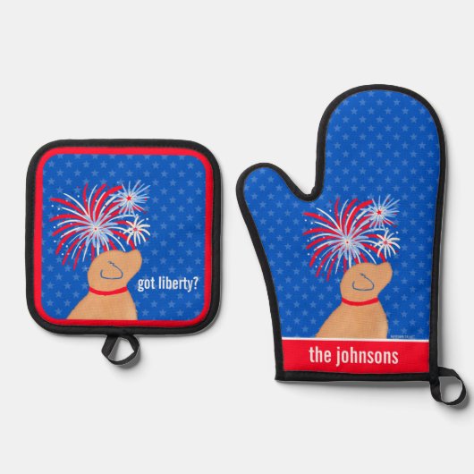 自由得か？イエロードッグキッチンタオル 鍋つかみ&鍋敷きセット (正面)